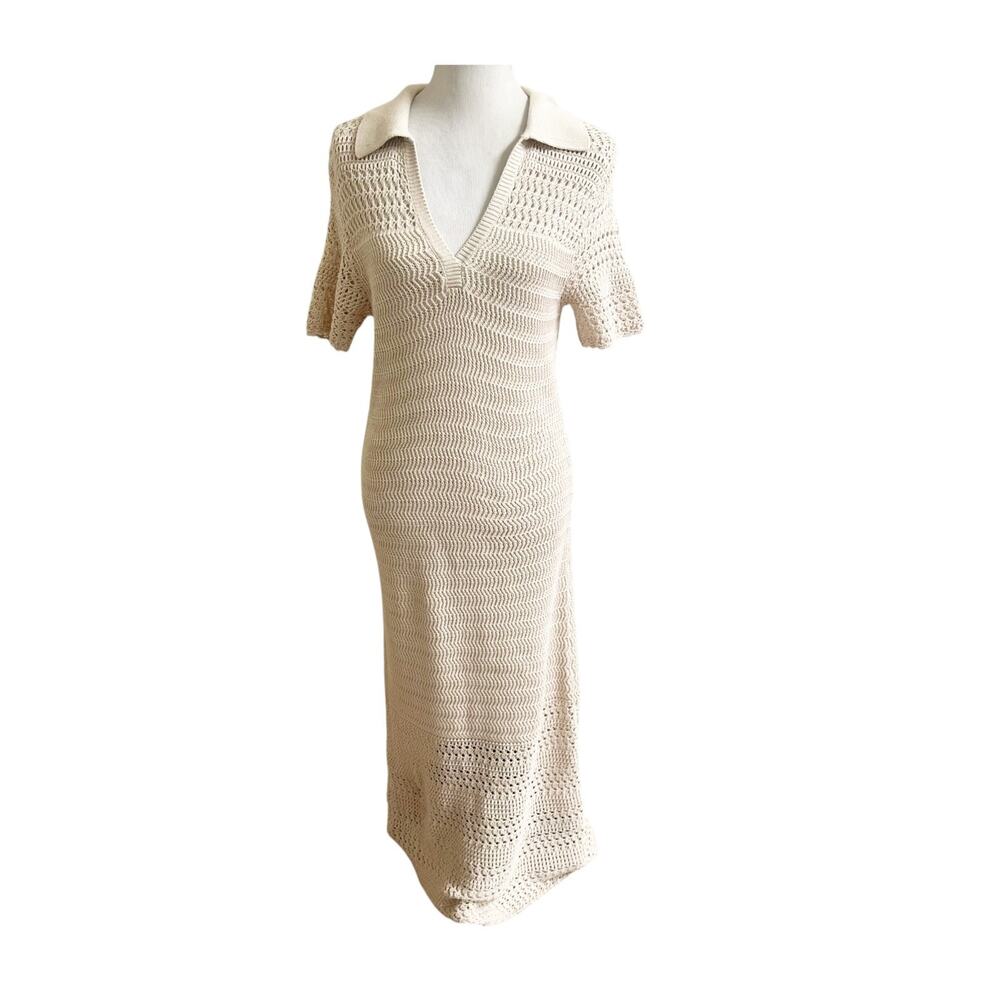 Loft Beach Maxi Dress LP Tan Crochet Open Knit Short Sleeve Cover Up Outdoor